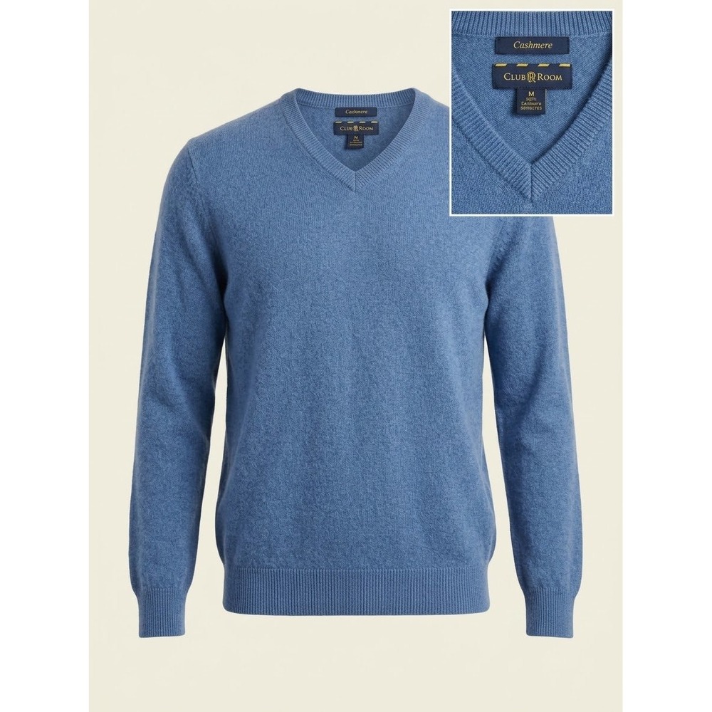 Club Room Mens 100% Cashmere V-Neck Sweater Blue Gray M 2-Ply Knit Pullover